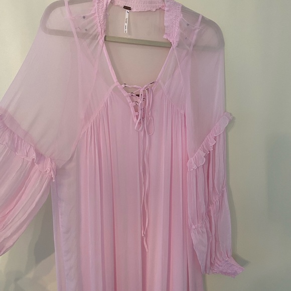 $198 FREE PEOPLE BLOUSON MIDI DRESS NEW PINK SHEER SILKY NEW MAXI LARGE - Picture 7 of 11